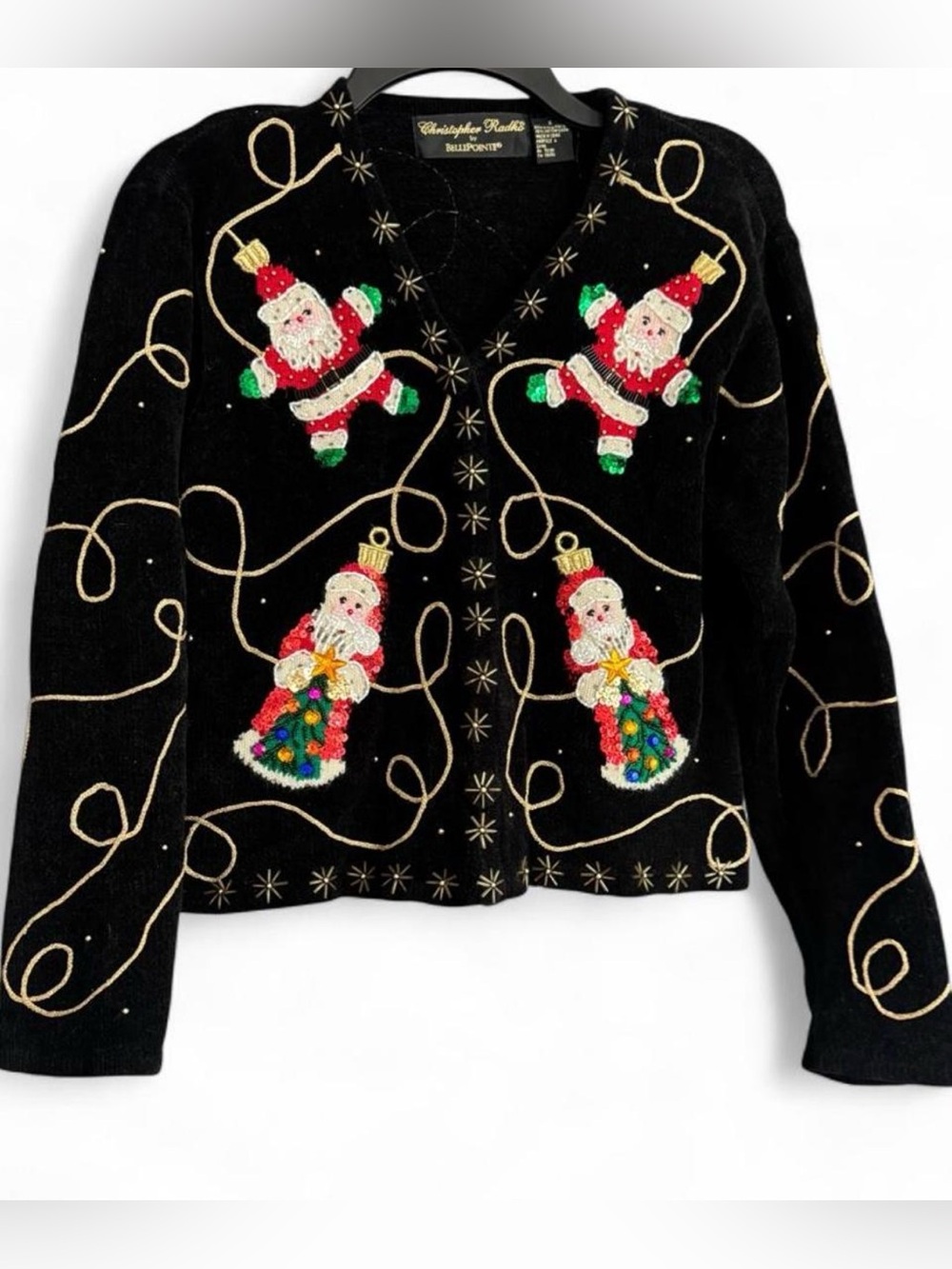 Vintage Christopher Radko BellePointe Beaded Santa Christmas Sweater Black Small